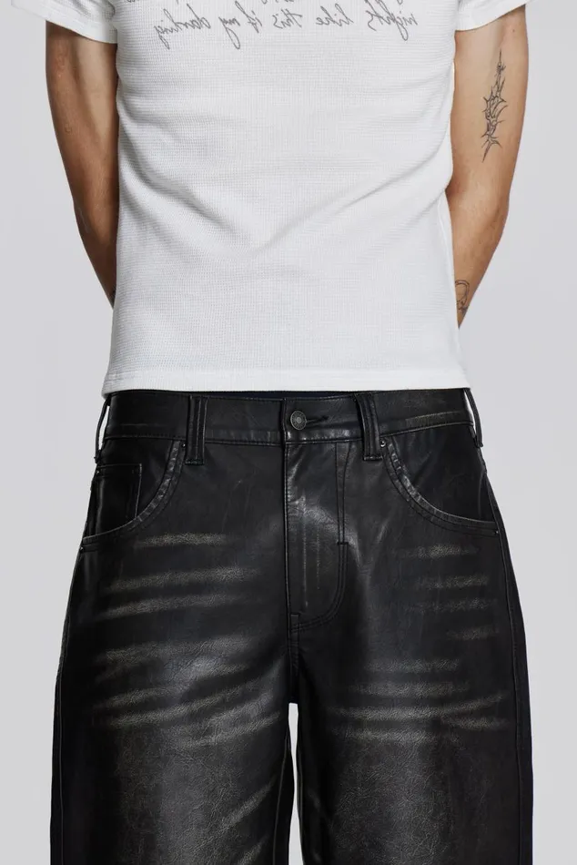 Men Distressed Vegan Leather Straight Leg Jeans Jaded London Trousers and Pants