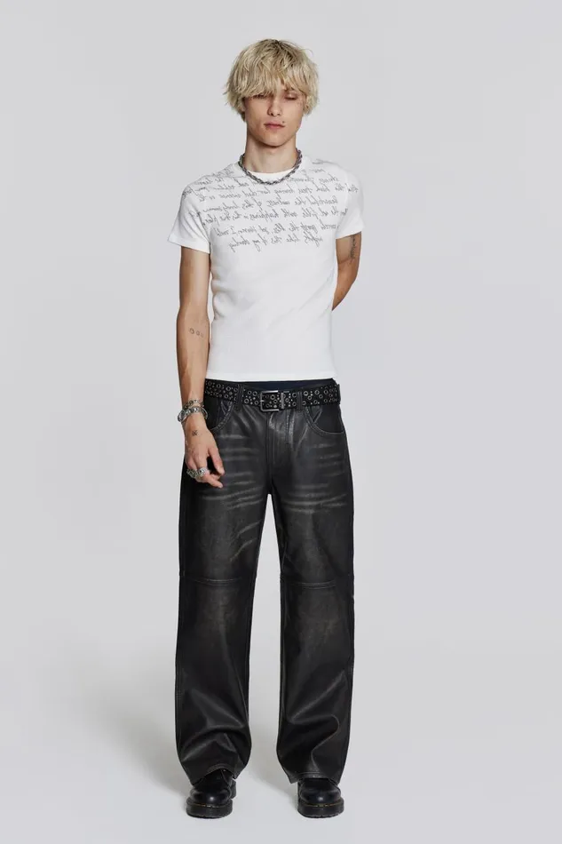 Men Distressed Vegan Leather Straight Leg Jeans Jaded London Trousers and Pants