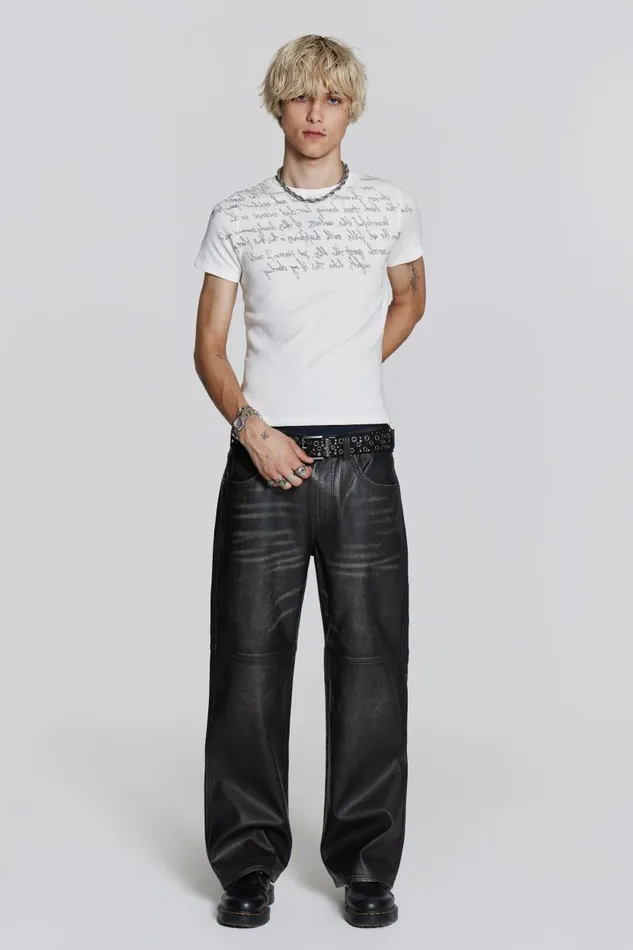 Men Distressed Vegan Leather Straight Leg Jeans Jaded London Trousers and Pants
