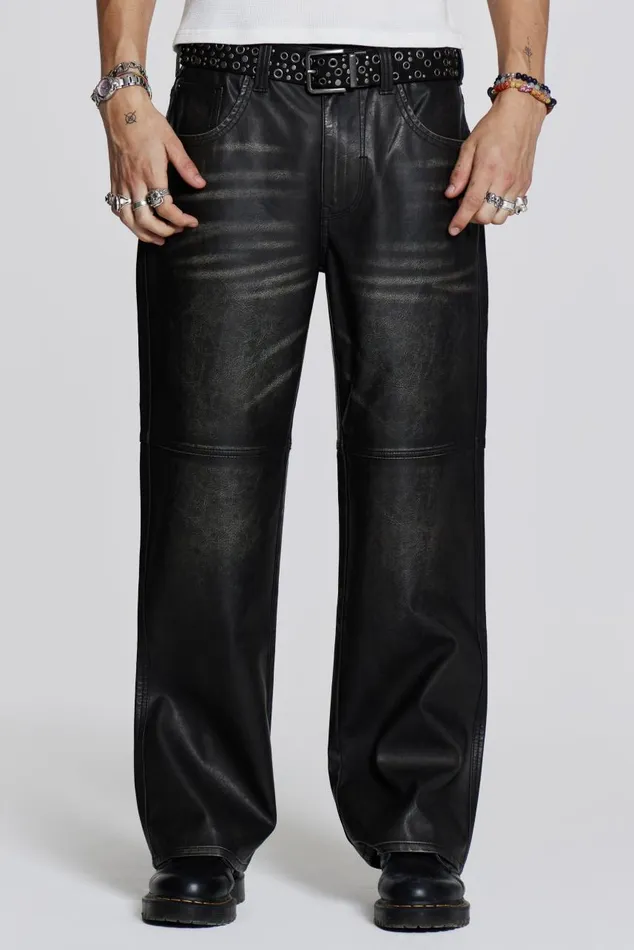 Men Distressed Vegan Leather Straight Leg Jeans Jaded London Trousers and Pants