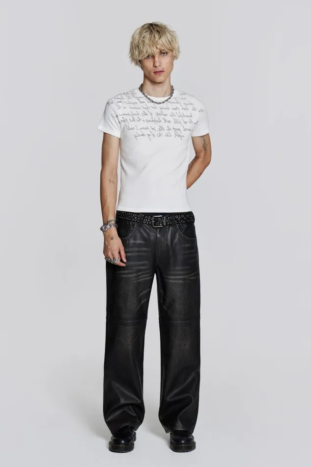 Men Distressed Vegan Leather Straight Leg Jeans Jaded London Trousers and Pants