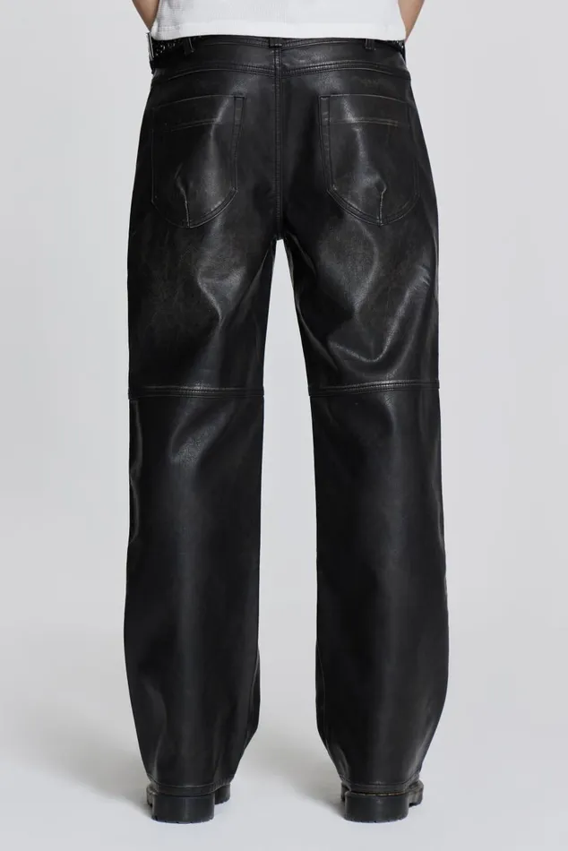 Men Distressed Vegan Leather Straight Leg Jeans Jaded London Trousers and Pants