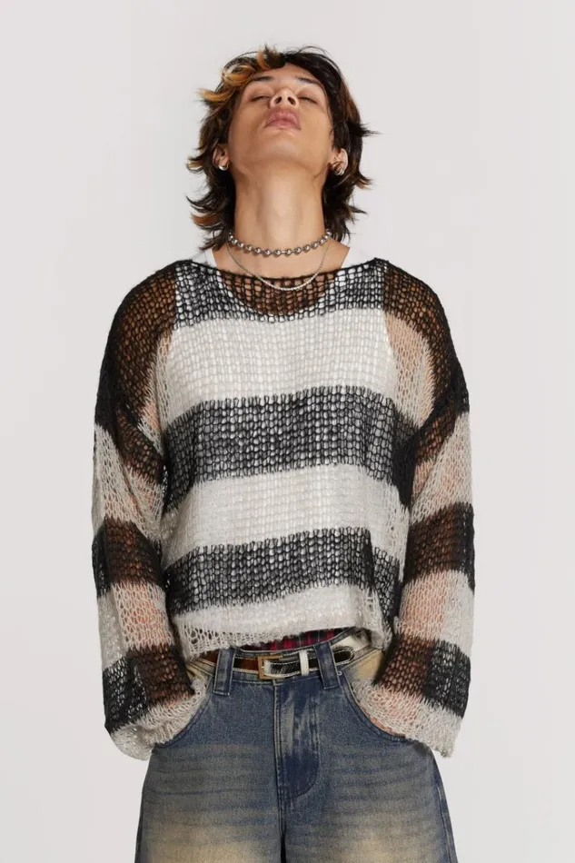 Men Grey and Black Striped Loose Knit Jumper Jaded London Knitwear
