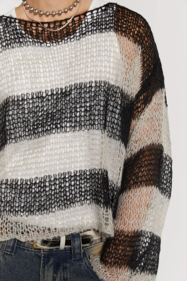 Men Grey and Black Striped Loose Knit Jumper Jaded London Knitwear