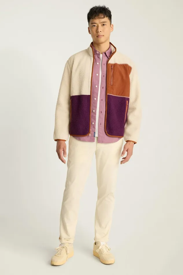 Men High Pile Fleece Jacket Cream Plum Color Block Bonobos Half and FullZips
