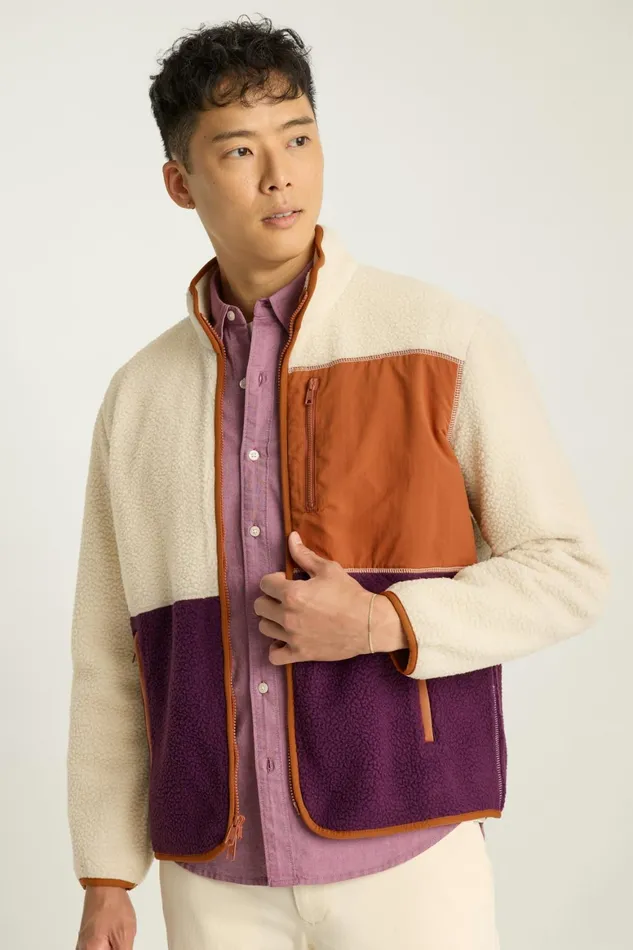 Men High Pile Fleece Jacket Cream Plum Color Block Bonobos Half and FullZips