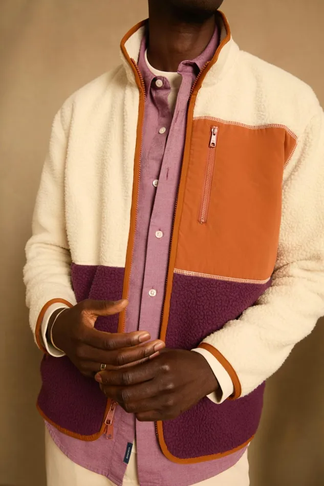 Men High Pile Fleece Jacket Cream Plum Color Block Bonobos Half and FullZips