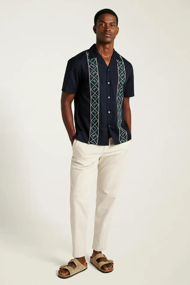 Men Limited Edition Riviera Cabana Shirt Black Palm Embroidery Bonobos Casual Shirts