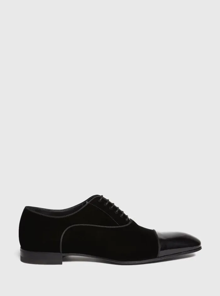 Men Paul Stuart Evening Hades II Formal LaceUp Black Patent Velvet Gros Grain