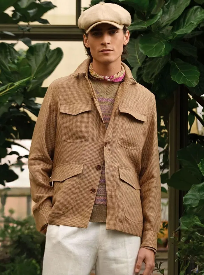 Men Paul Stuart Outerwear Linen Houndstooth Safari Jacket Gold