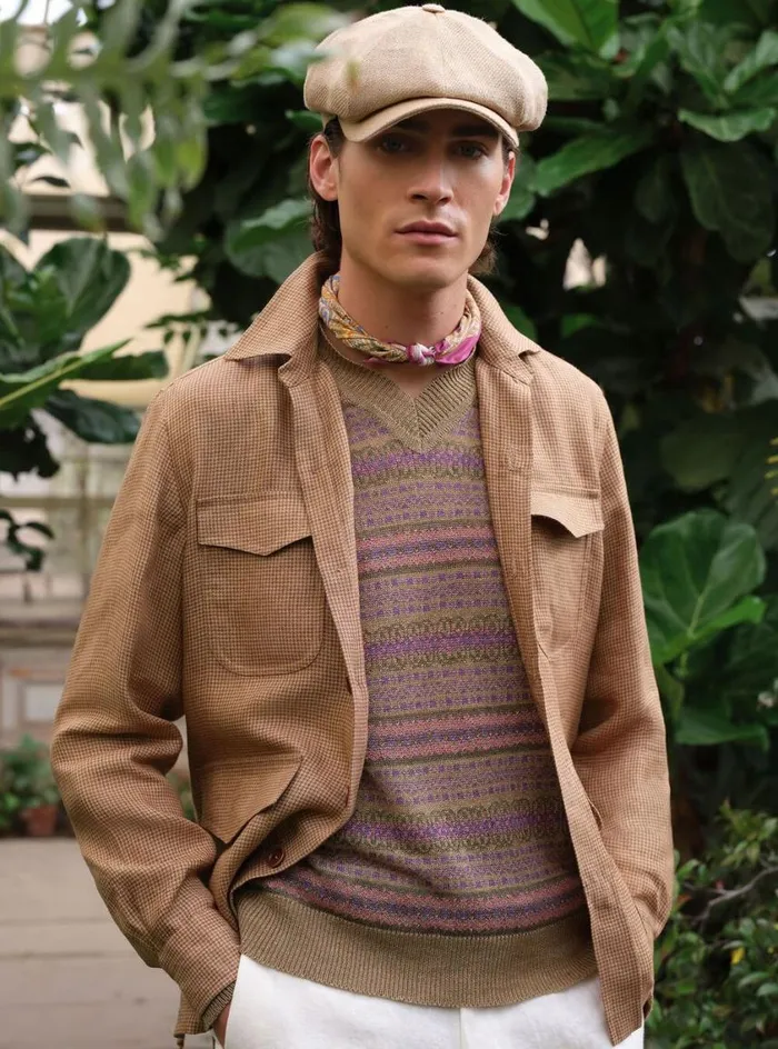 Men Paul Stuart Outerwear Linen Houndstooth Safari Jacket Gold