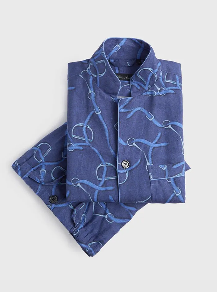 Men Paul Stuart Pajamas and Loungewear Linen Equestrian Print Pajama Indigo
