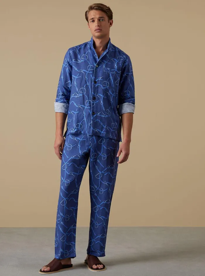 Men Paul Stuart Pajamas and Loungewear Linen Equestrian Print Pajama Indigo