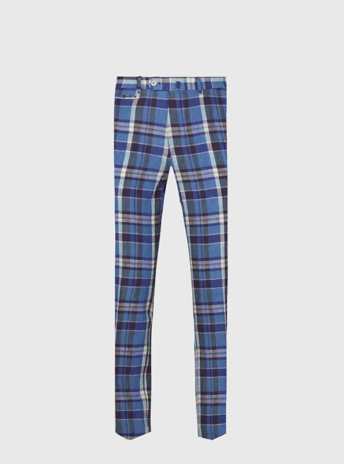 Men Paul Stuart Pants Linen Plaid Plain Front Dress Trouser Blue
