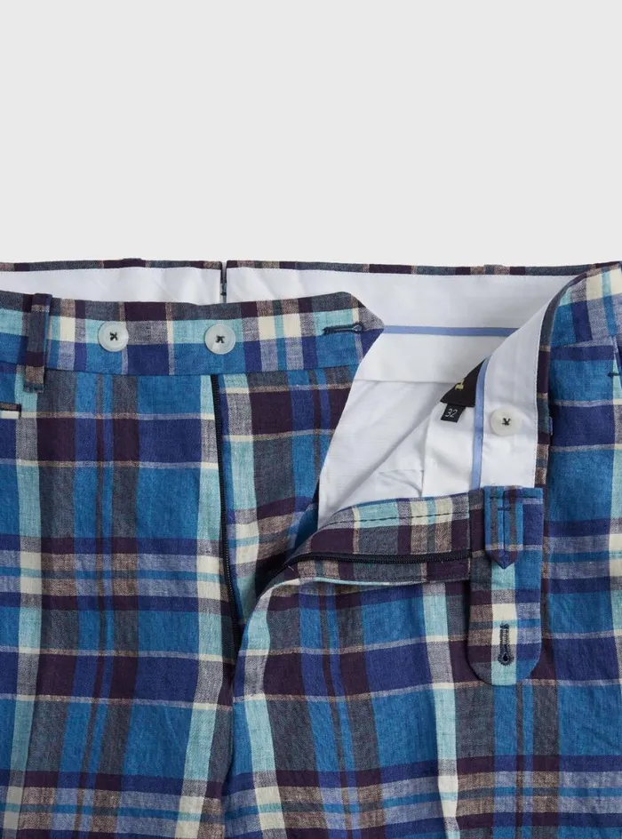 Men Paul Stuart Pants Linen Plaid Plain Front Dress Trouser Blue