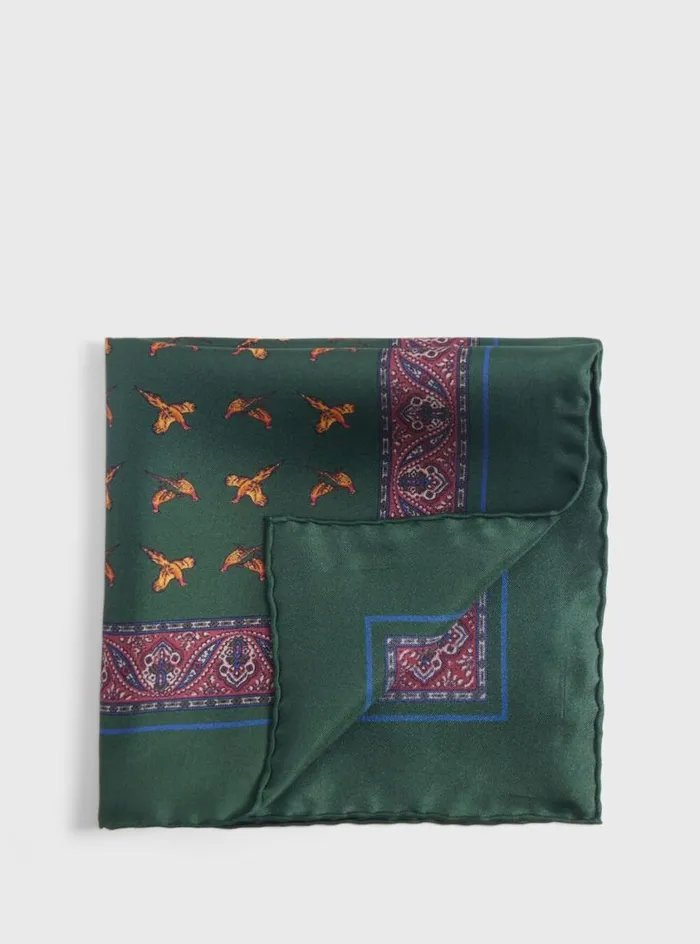 Men Paul Stuart Pocket Squares Silk Deco Stripe And Bird Print Pocket Square Olive