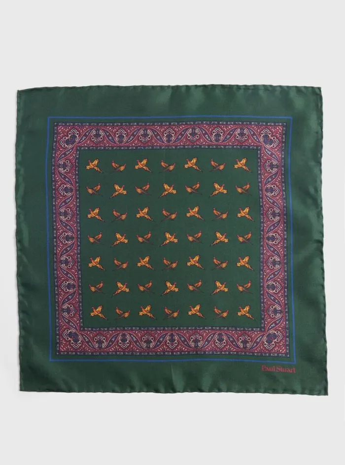 Men Paul Stuart Pocket Squares Silk Deco Stripe And Bird Print Pocket Square Olive