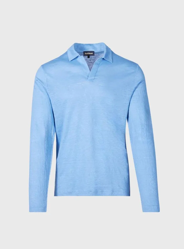 Men Paul Stuart Polos and TShirts Long Sleeve Linen Polo Light Blue