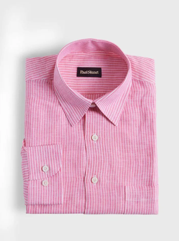 Men Paul Stuart Sport Shirts Linen Pencil Stripe Sport Shirt Watermelon