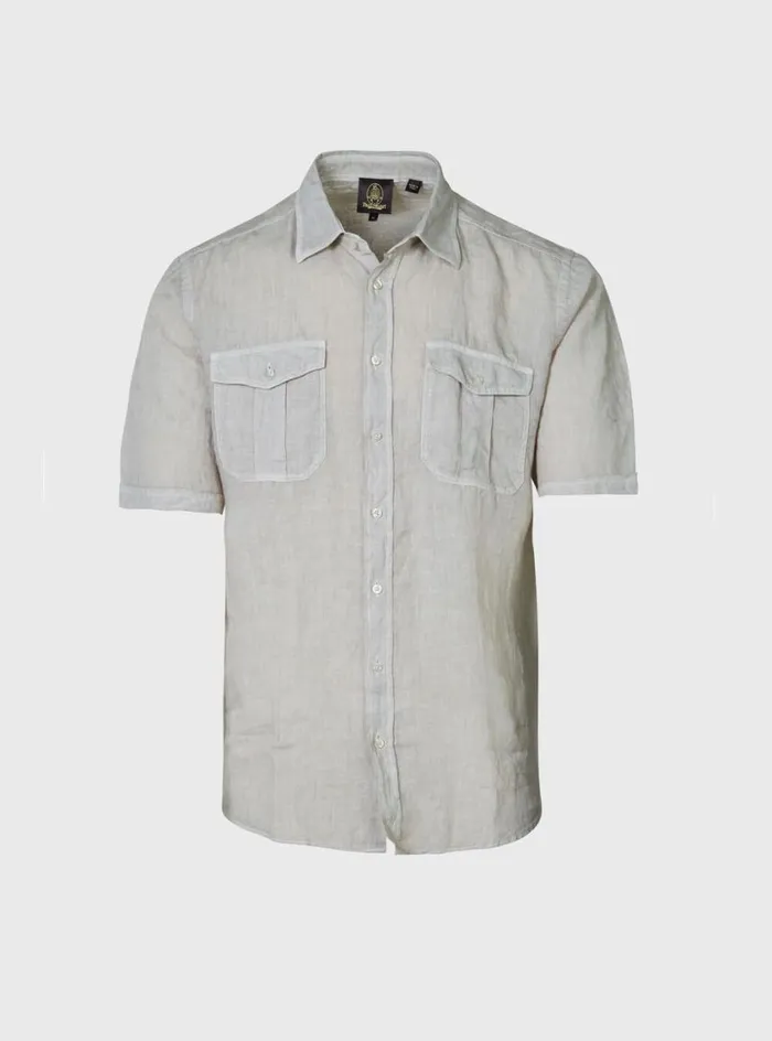 Men Paul Stuart Sport Shirts Washed Linen Military Style Shirt Stone