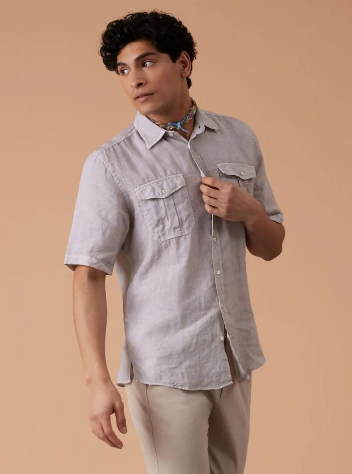 Men Paul Stuart Sport Shirts Washed Linen Military Style Shirt Stone
