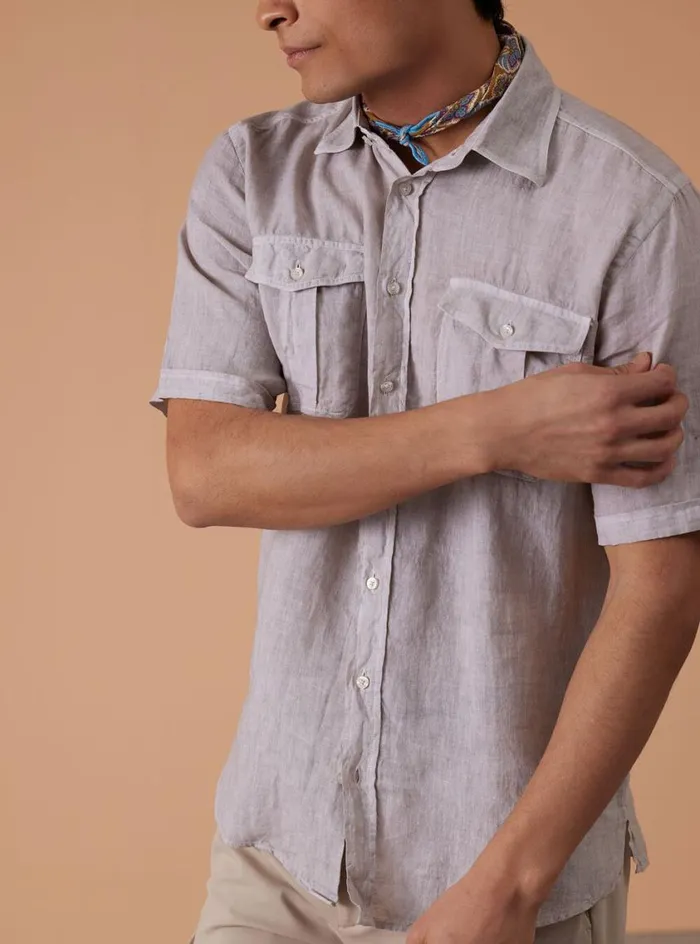 Men Paul Stuart Sport Shirts Washed Linen Military Style Shirt Stone