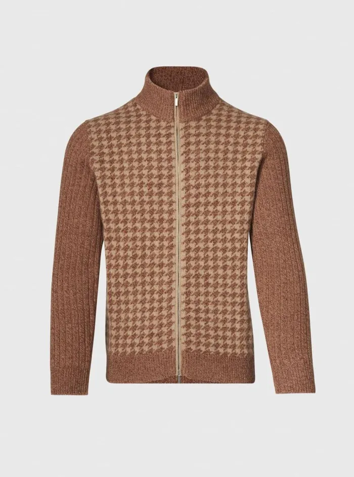 Men Paul Stuart Sweaters Cashmere Houndstooth Full Zip Sweater Blackwhite