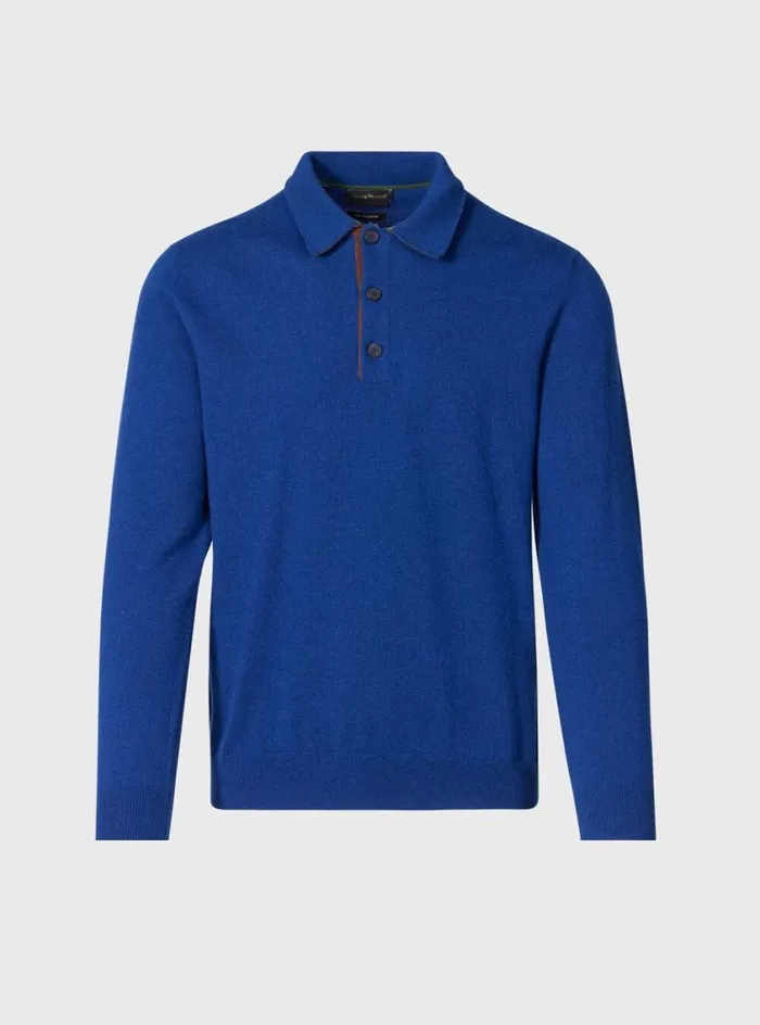 Men Paul Stuart Sweaters Cashmere Long Sleeve Polo With Suede Blueolive