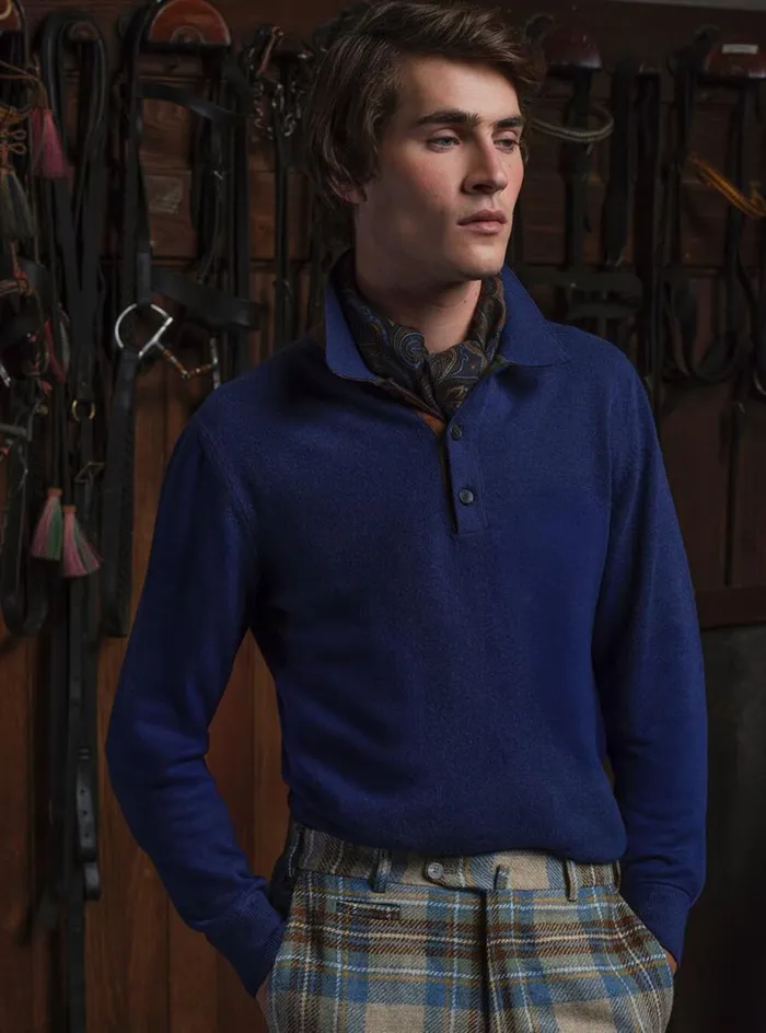 Men Paul Stuart Sweaters Cashmere Long Sleeve Polo With Suede Blueolive