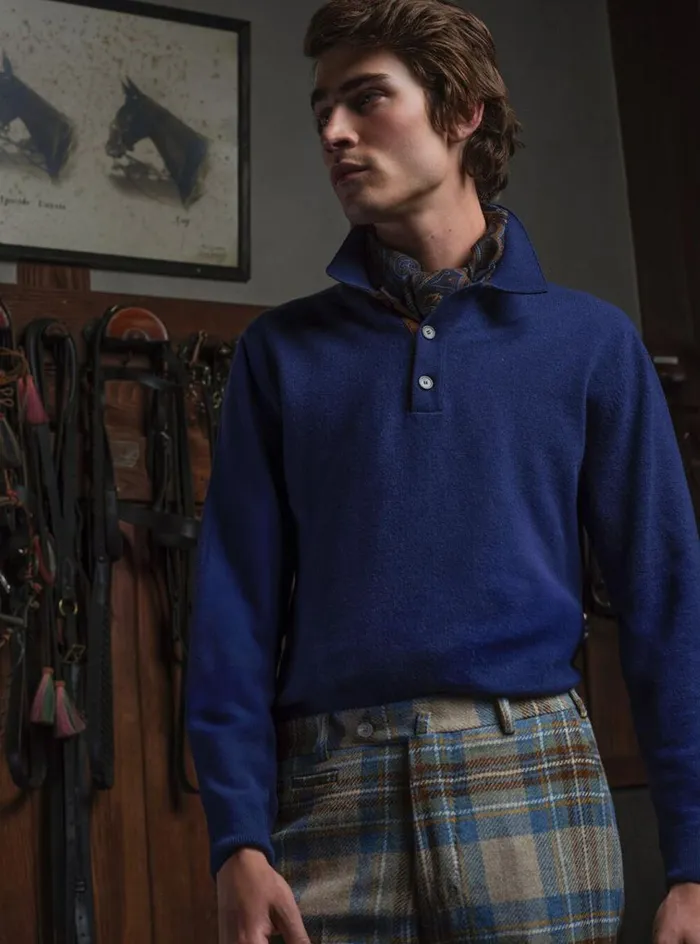 Men Paul Stuart Sweaters Cashmere Long Sleeve Polo With Suede Blueolive