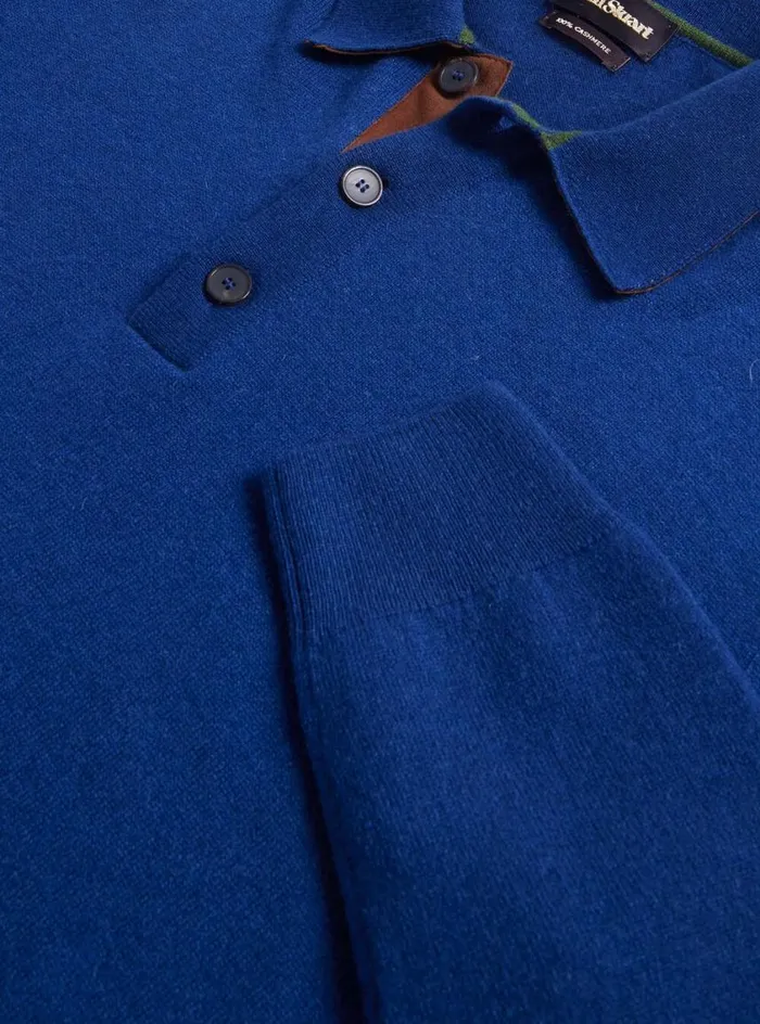 Men Paul Stuart Sweaters Cashmere Long Sleeve Polo With Suede Blueolive