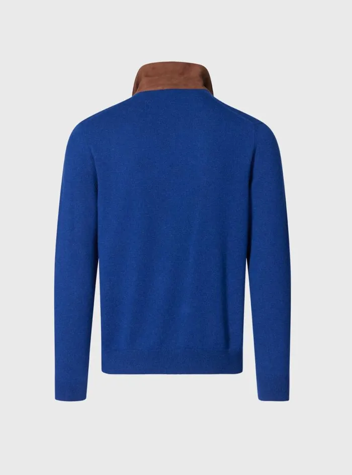 Men Paul Stuart Sweaters Cashmere Long Sleeve Polo With Suede Blueolive