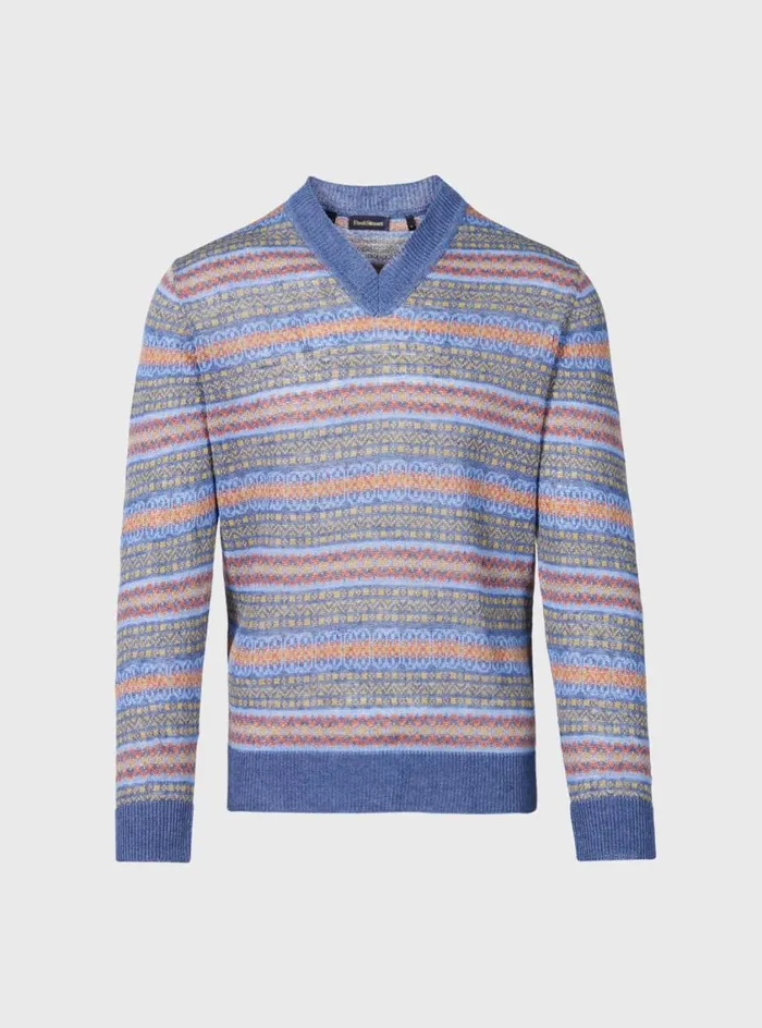 Men Paul Stuart Sweaters Linen Fair Isle Vneck Sweater Blue