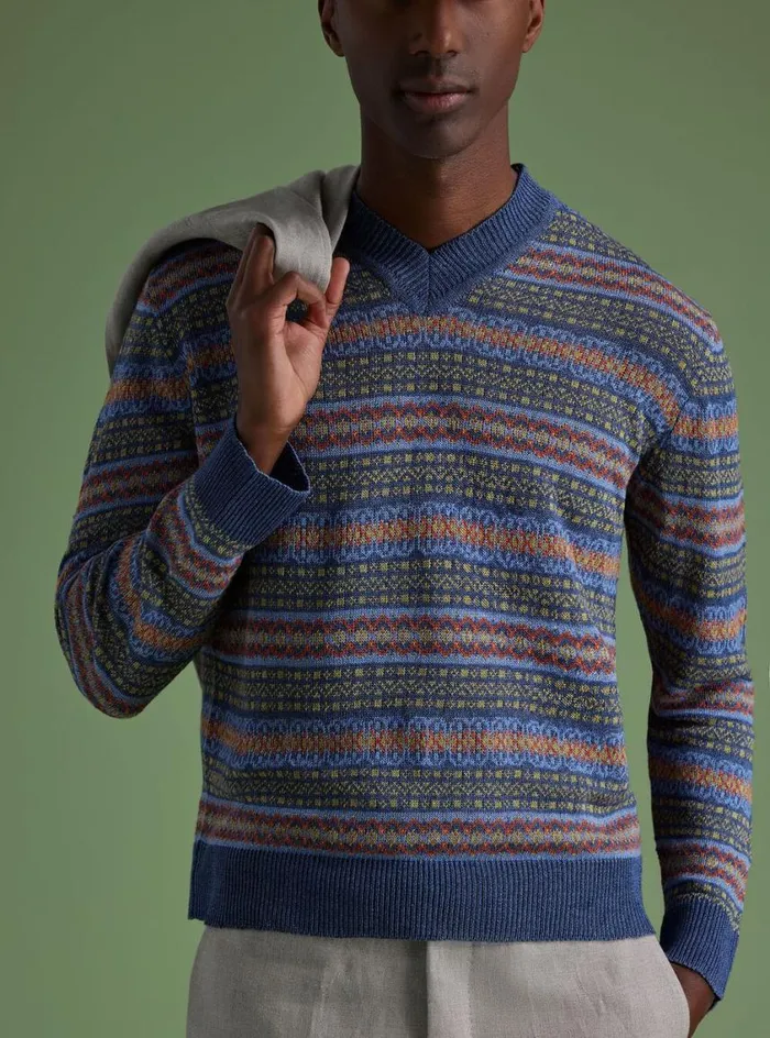 Men Paul Stuart Sweaters Linen Fair Isle Vneck Sweater Blue