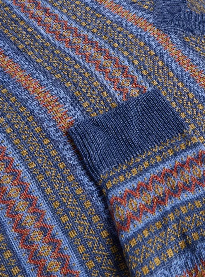 Men Paul Stuart Sweaters Linen Fair Isle Vneck Sweater Blue