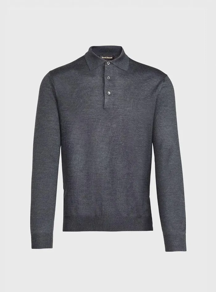 Men Paul Stuart Sweaters Long Sleeve Merino Wool Polo Shirt Charcoal