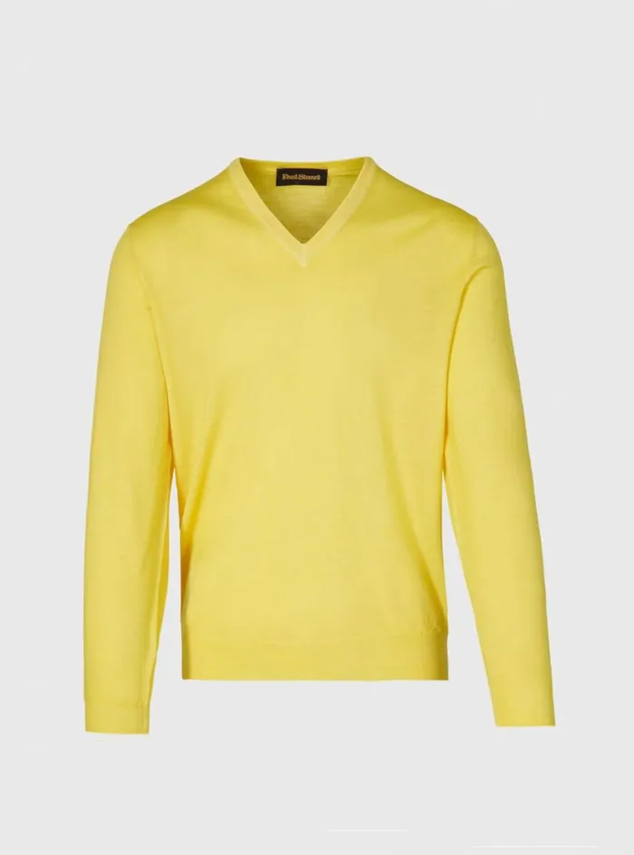 Men Paul Stuart Sweaters Merino Wool Watercolor VNeck Sweater Yellow