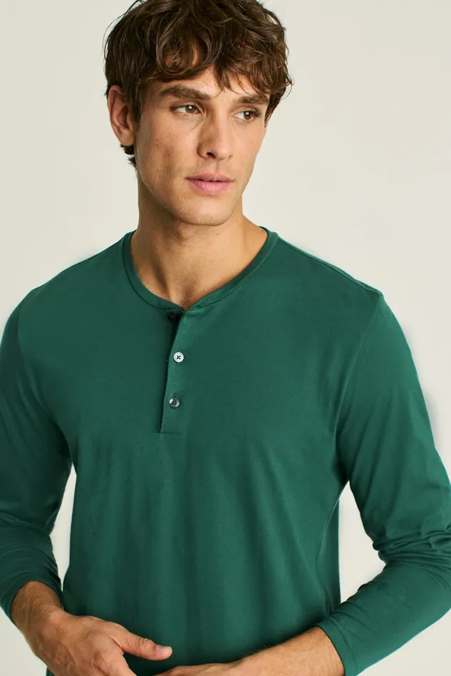 Men Pima Performance Long Sleeve Henley Forest Green Bonobos Henleys