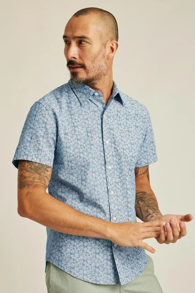 Men Riviera Short Sleeve Shirt Chambray Flower Power Bonobos Casual Shirts