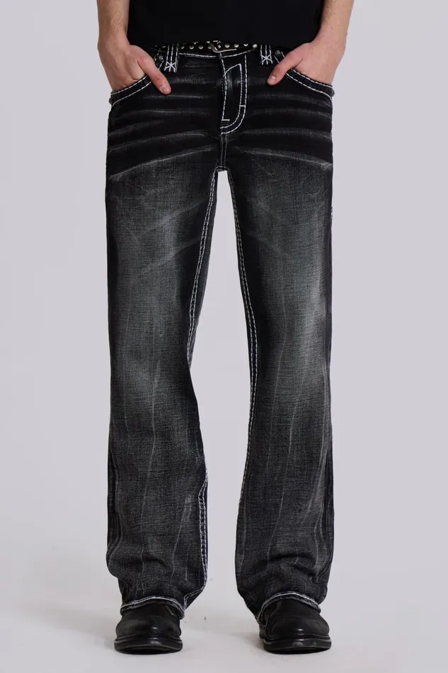 Men Rock Revival Washed Black Gwen Bootcut Jeans Jaded London SlimStraight Jeans
