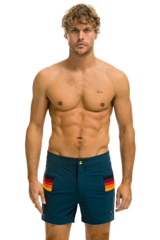 Men Shorts Aviator Nation Horizontal 5 Stripe Flex Shorts 8211 Deep Ocean