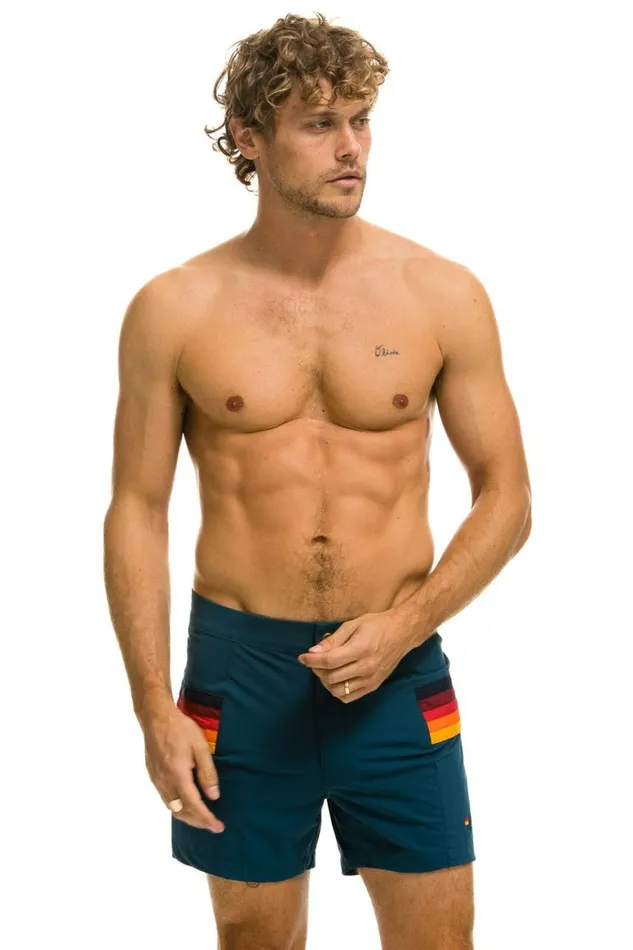 Men Shorts Aviator Nation Horizontal 5 Stripe Flex Shorts 8211 Deep Ocean