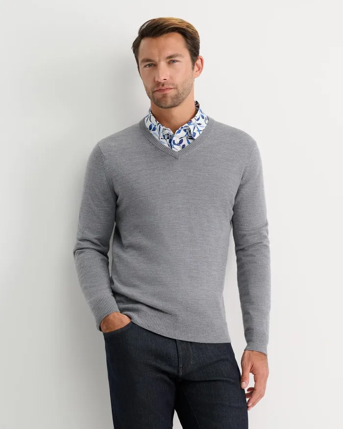 Men Sportscraft Knitwear Merino VNeck Knit Charcoal Melange