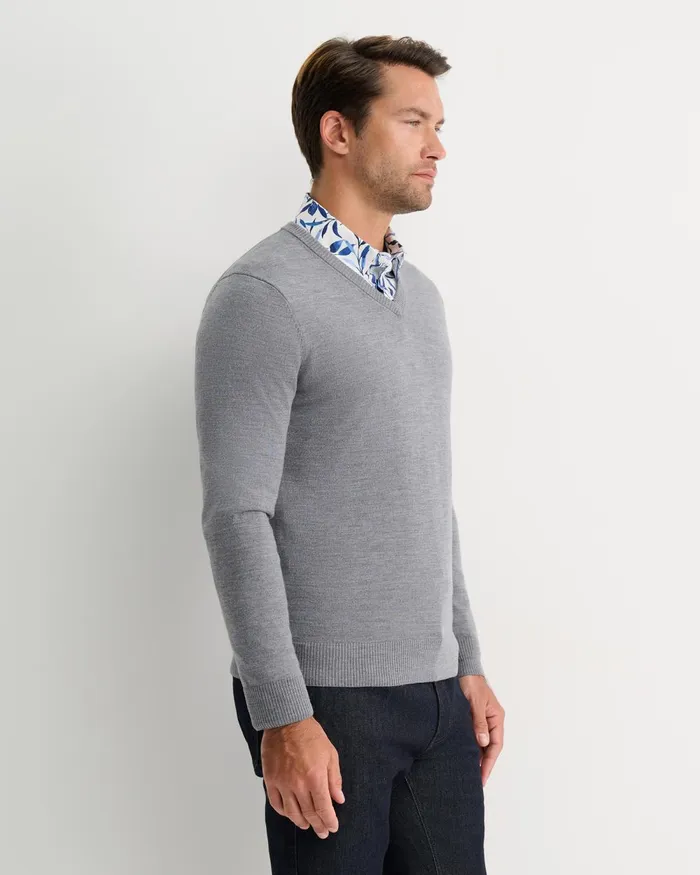 Men Sportscraft Knitwear Merino VNeck Knit Charcoal Melange