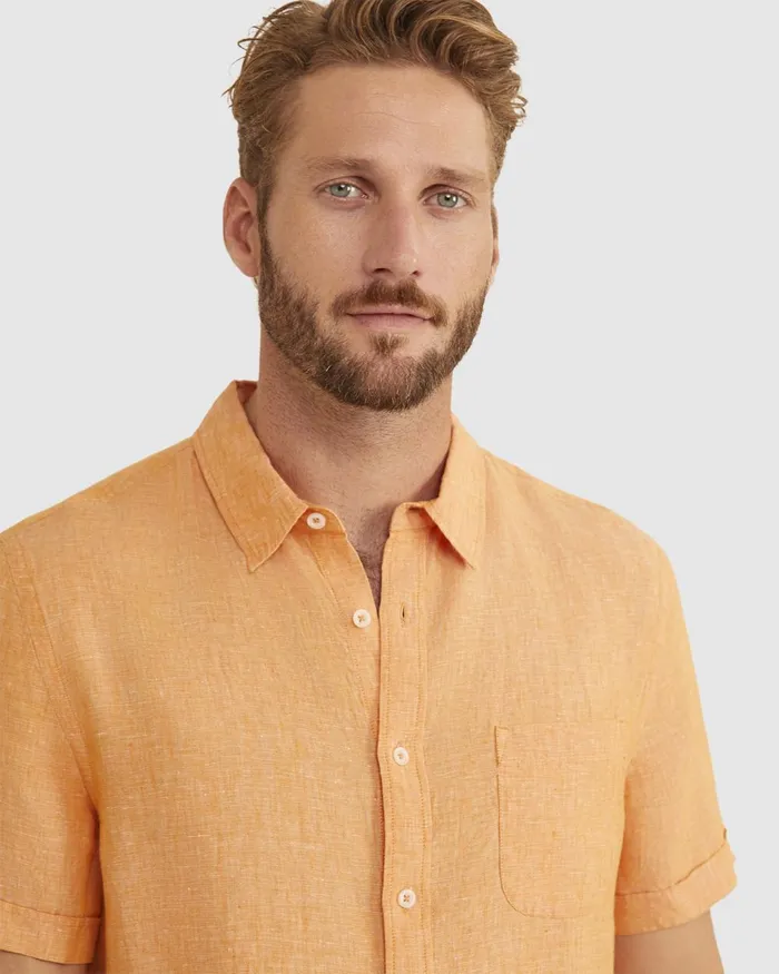 Men Sportscraft Shirts Yarn Dyed Linen Short Sleeve Shirt Mandarin