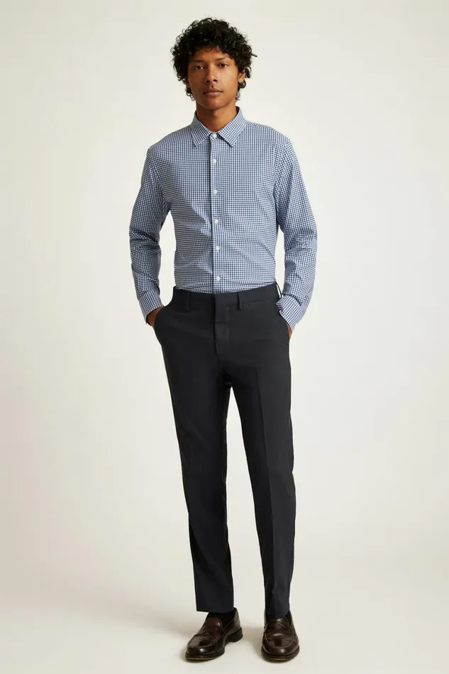 Men Tech Button Down Shirt Navy Medium Blue Plaid Bonobos Casual Shirts