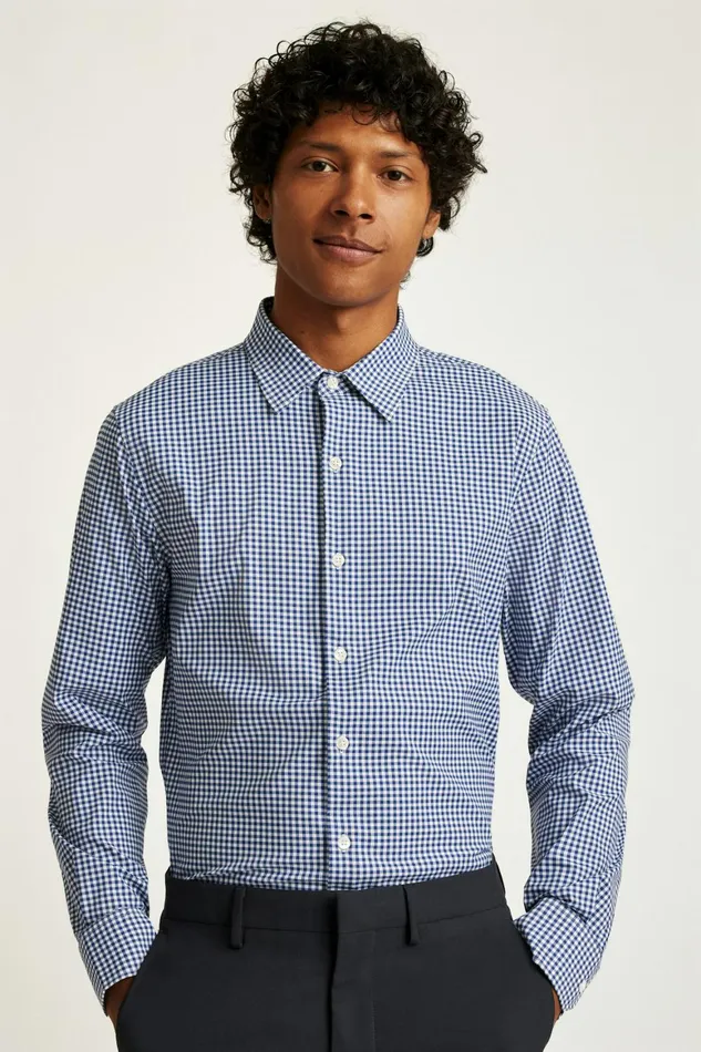 Men Tech Button Down Shirt Navy Medium Blue Plaid Bonobos Casual Shirts