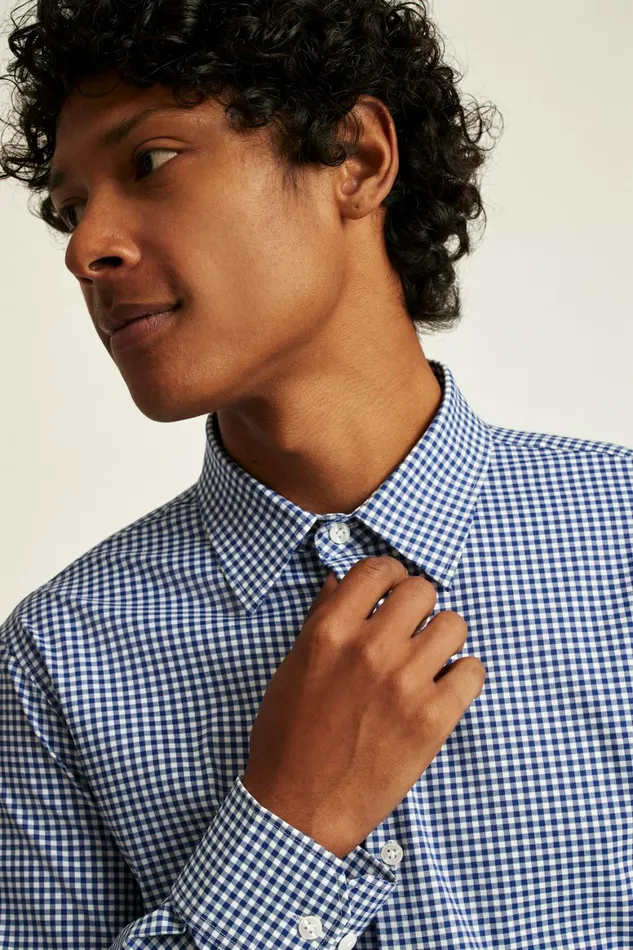 Men Tech Button Down Shirt Navy Medium Blue Plaid Bonobos Casual Shirts