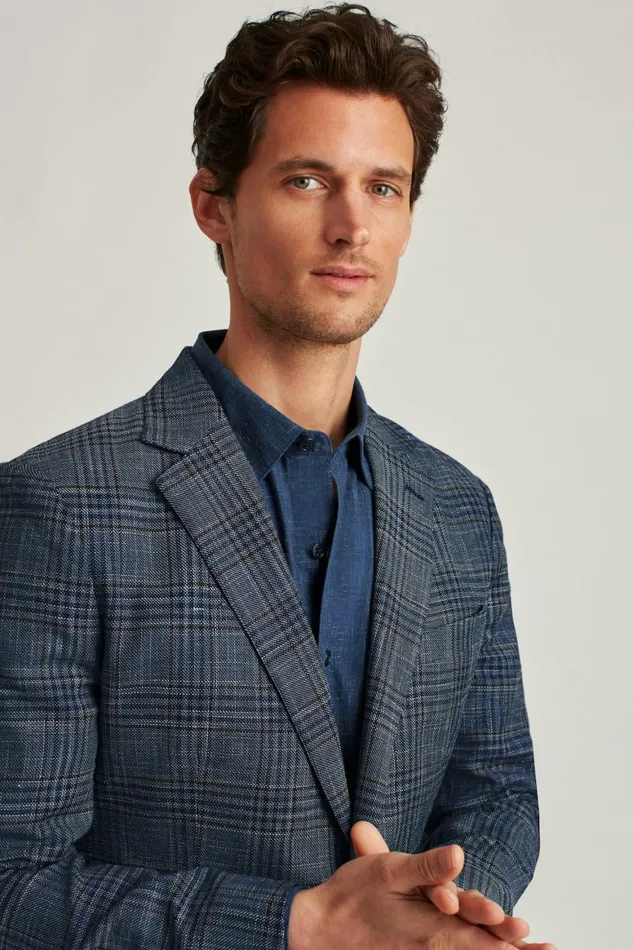 Men Unconstructed Italian Linen Blazer Navy Plaid Bonobos Blazers and Sport Coats