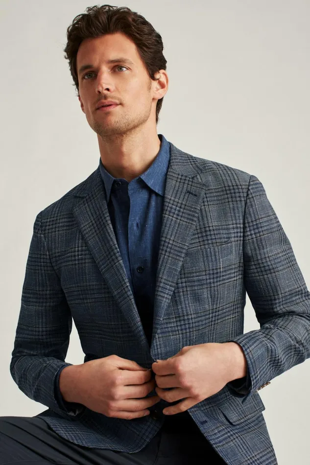 Men Unconstructed Italian Linen Blazer Navy Plaid Bonobos Blazers and Sport Coats